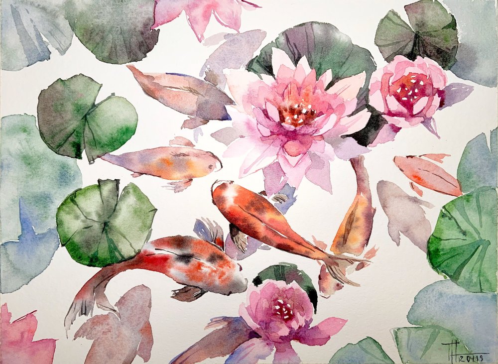 Лотос рисунок акварелью