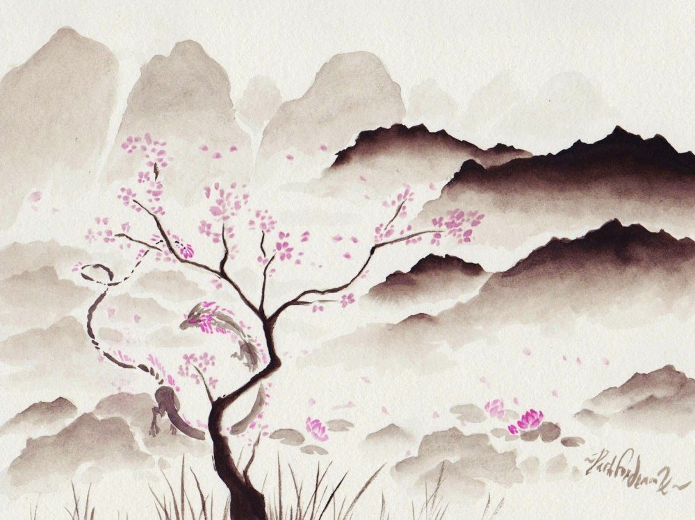 Японский пейзаж акварелью