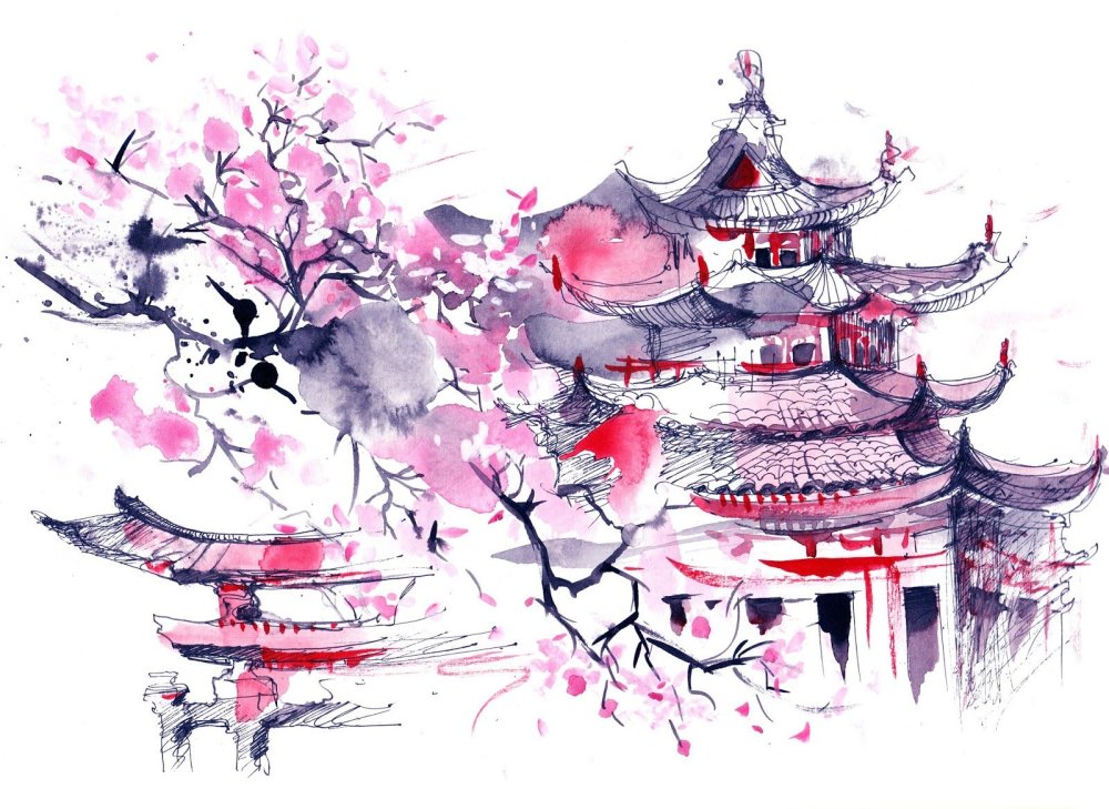 Акварель японские мотивы