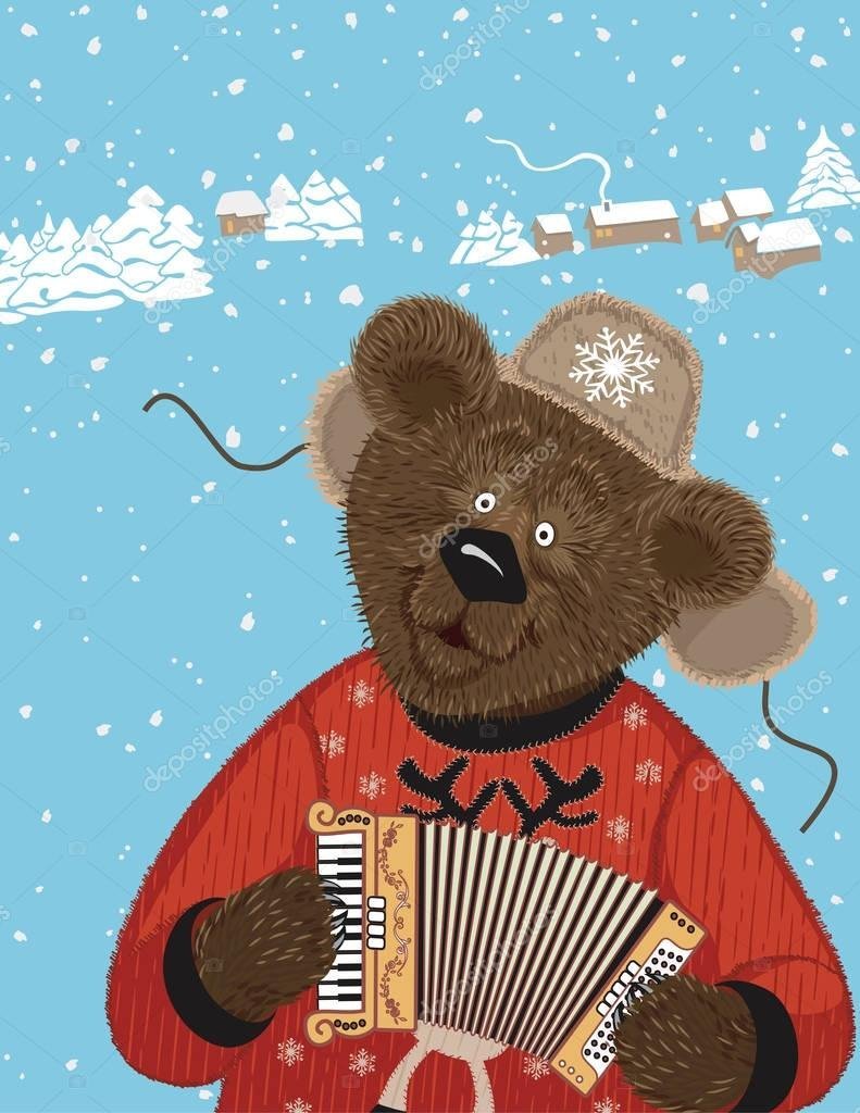 Медведь в шапке ушанке с балалайкой
