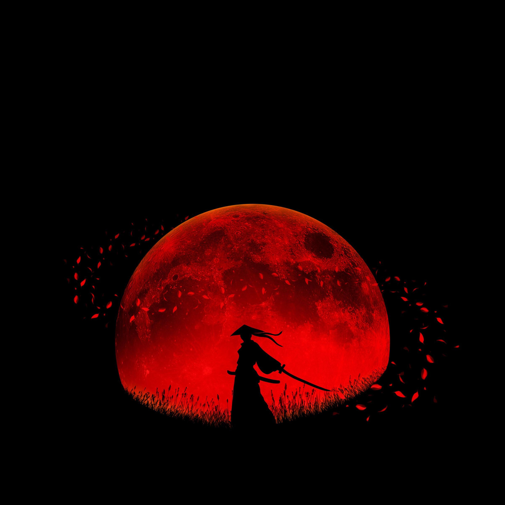 Красная Луна. Самурай на фоне красной Луны. Красная Луна на черном фоне. Красная Луна Самурай.