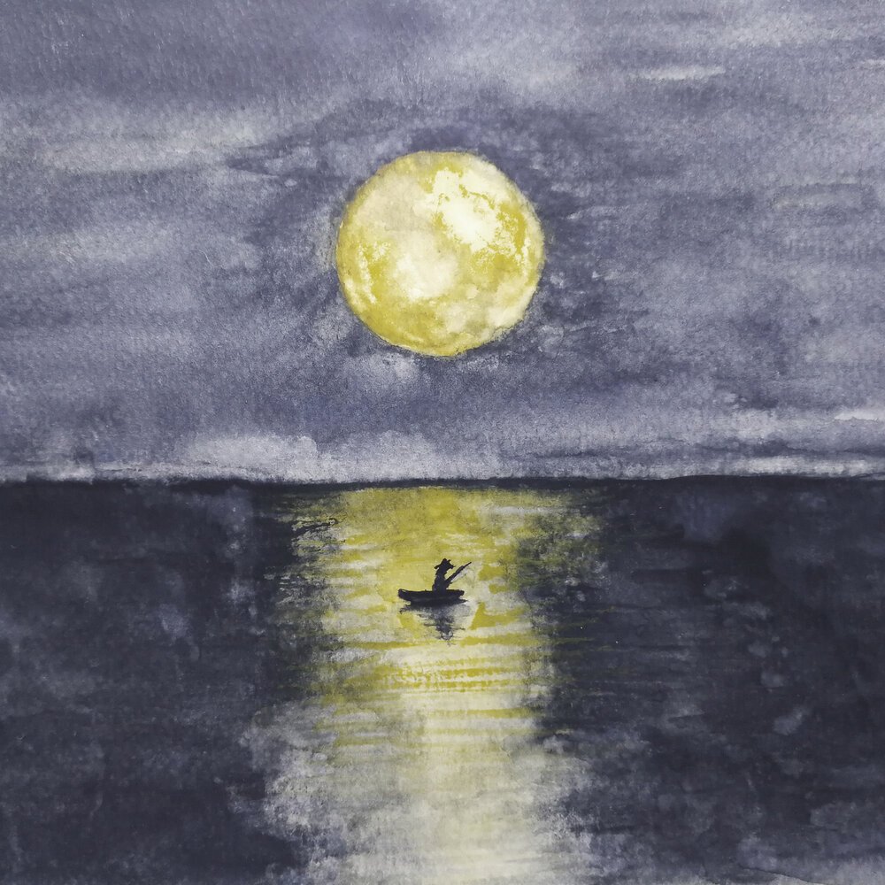 Лягушкой луна распласталась на тихой воде. Отражение Луны в воде. Луна гуашью. Отражение Луны в море рисунок. Желтая Луна акварель.