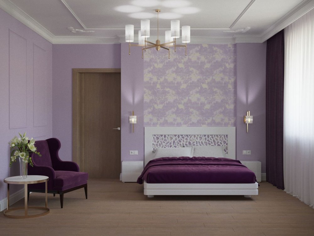 Спальня в фиолетовых тонах в минималистическом стиле