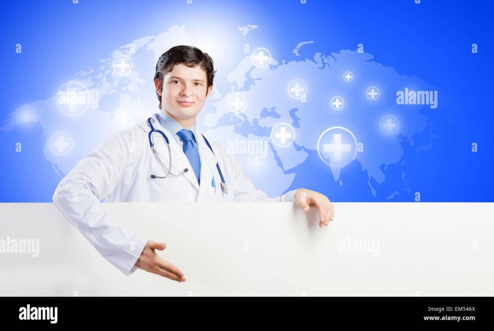 На голубом фоне врач с ребенком