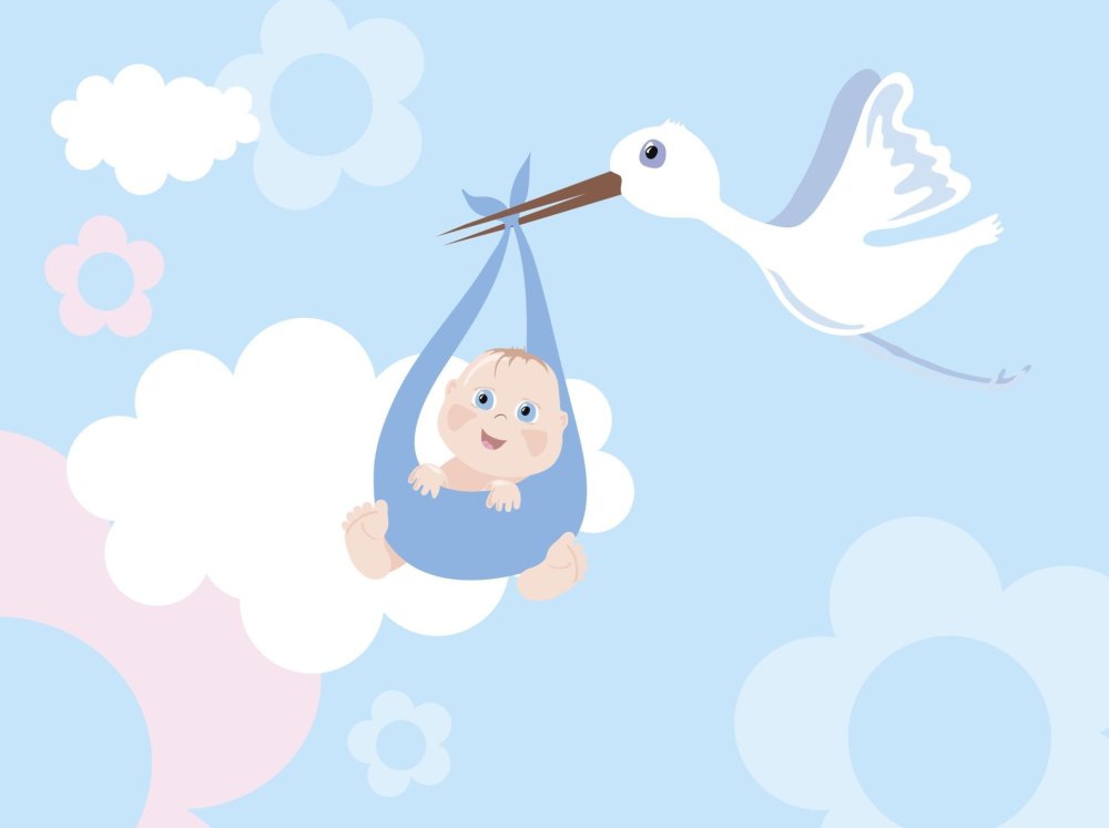 Открытка для новорожденного мальчика с аистом