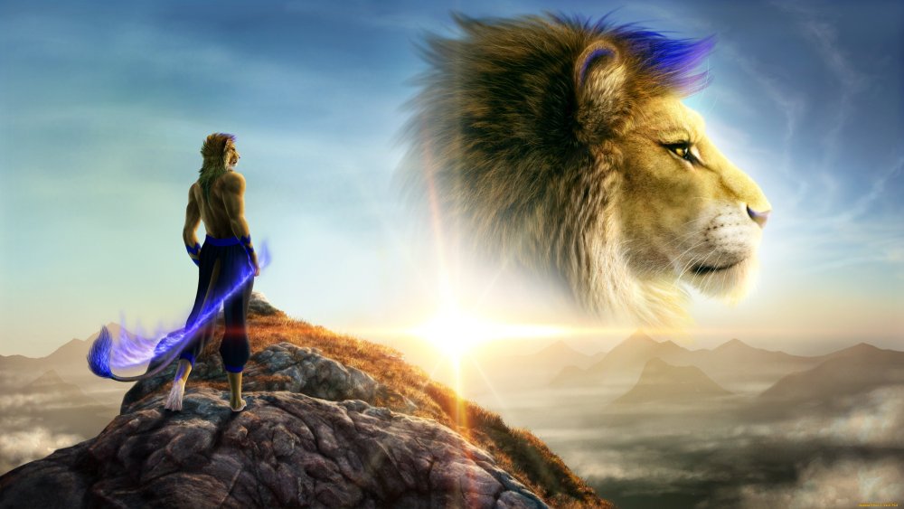 Лев на фоне гор