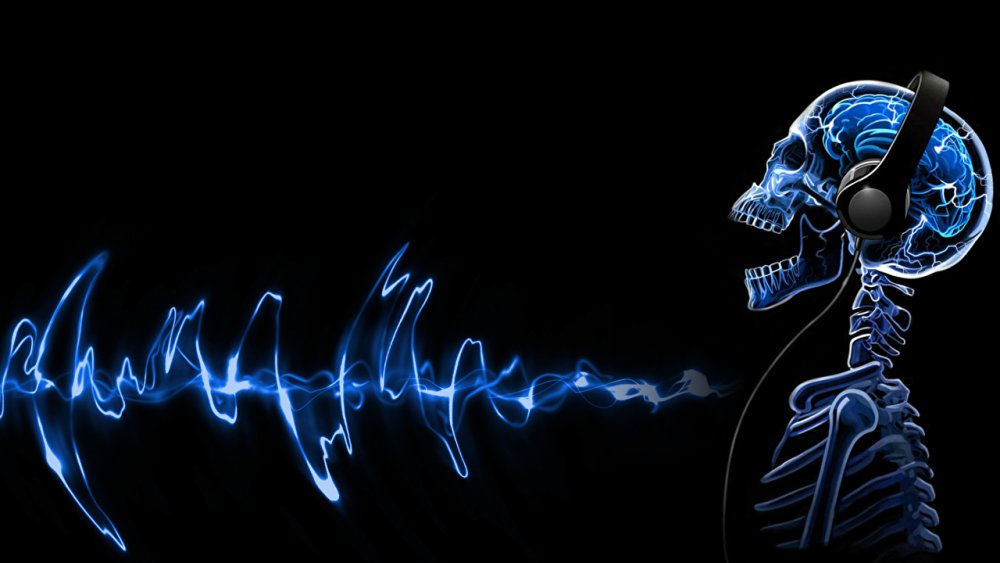 Скелет с наушниками