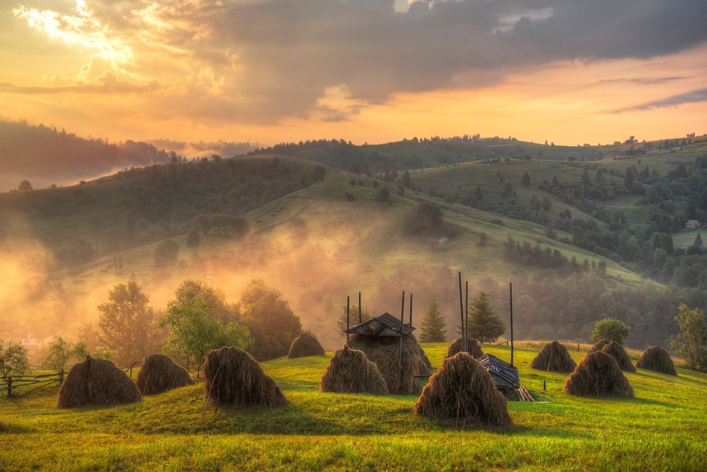 Утро на реке у деревни