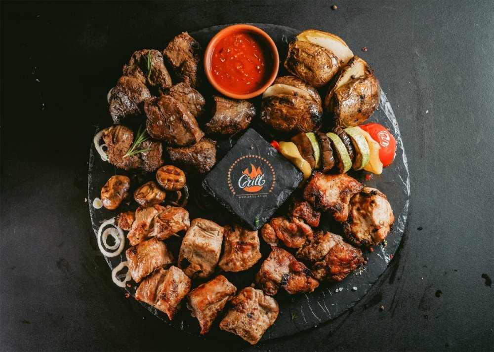 Шашлык на тарелке вид сверху