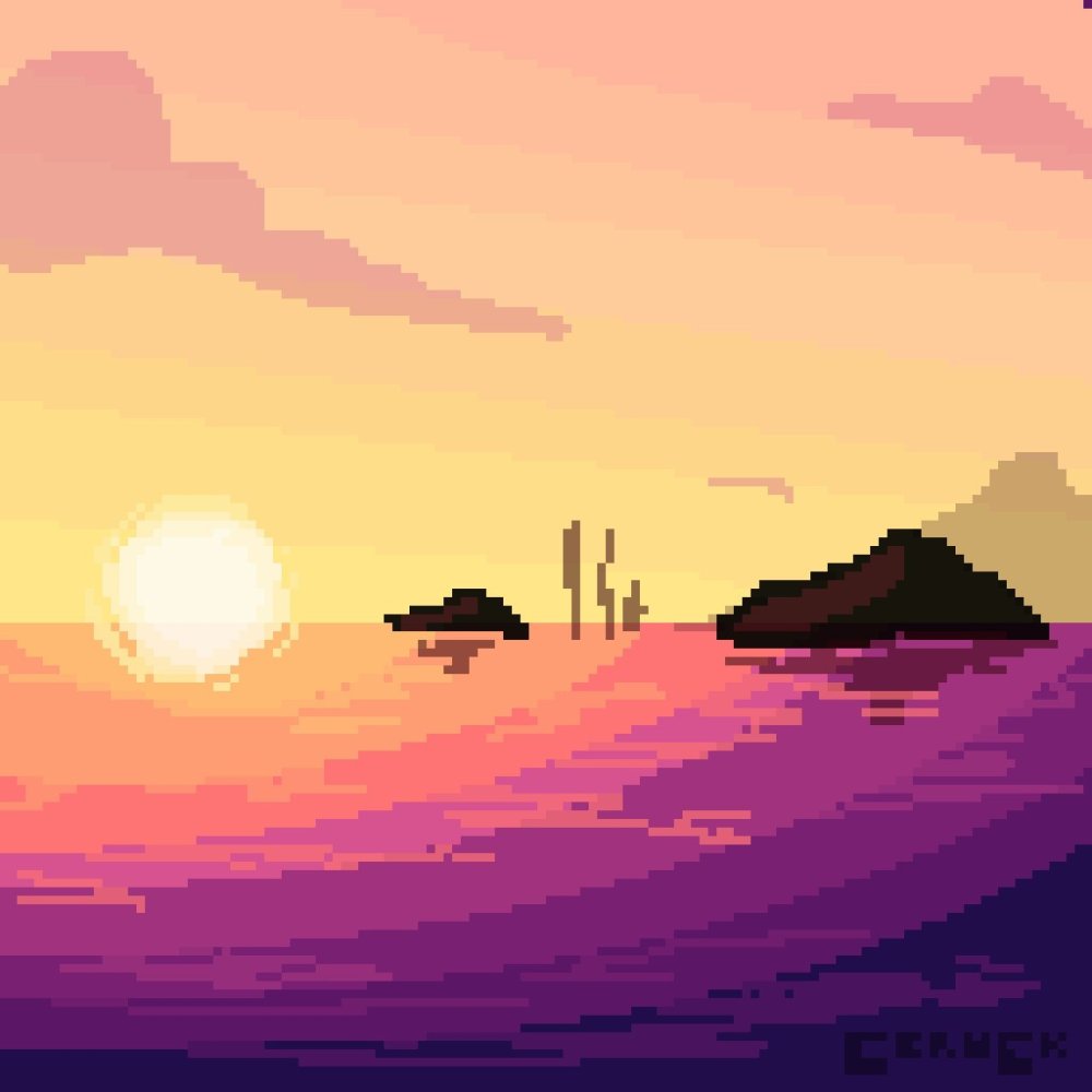Пиксельный закат на море