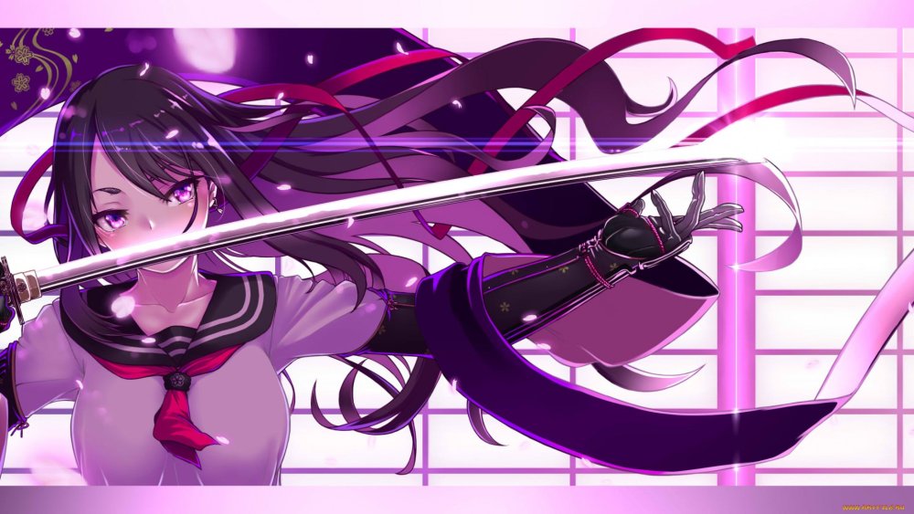 Anime girl Red Eye Warrior Katana 4k