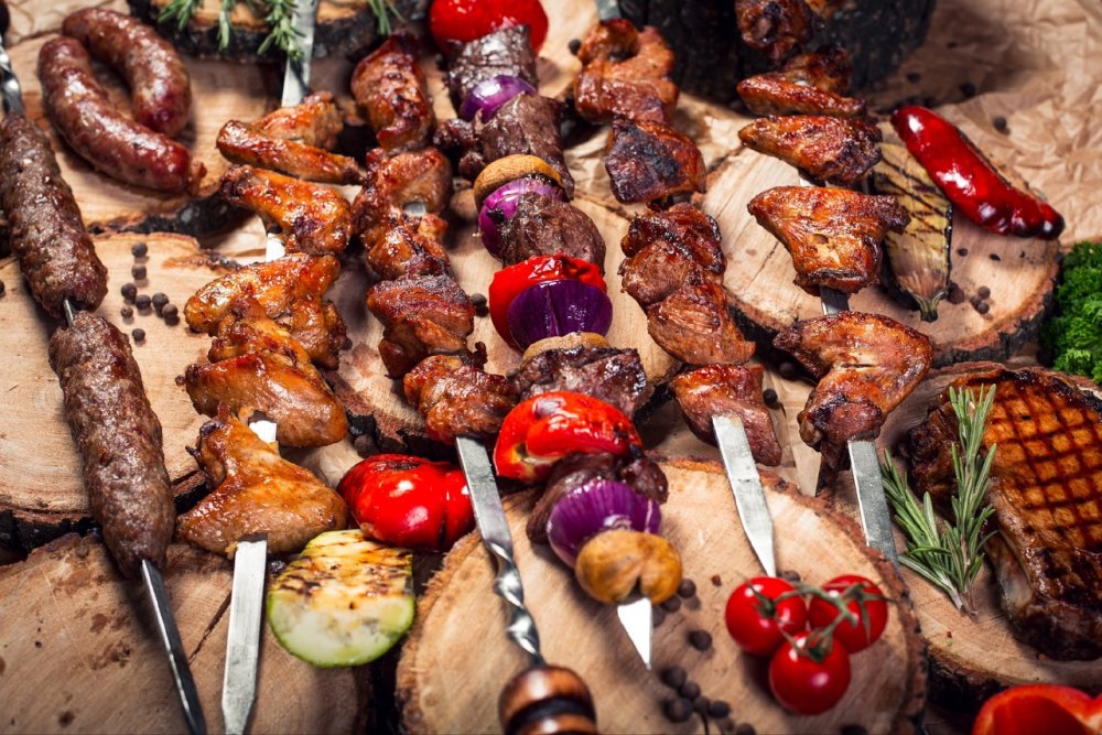 Шашлык на тарелке вид сверху