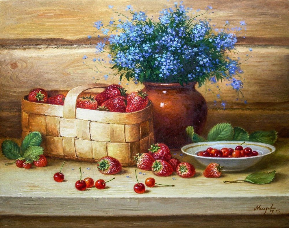 Натюрморт с земляникой живопись