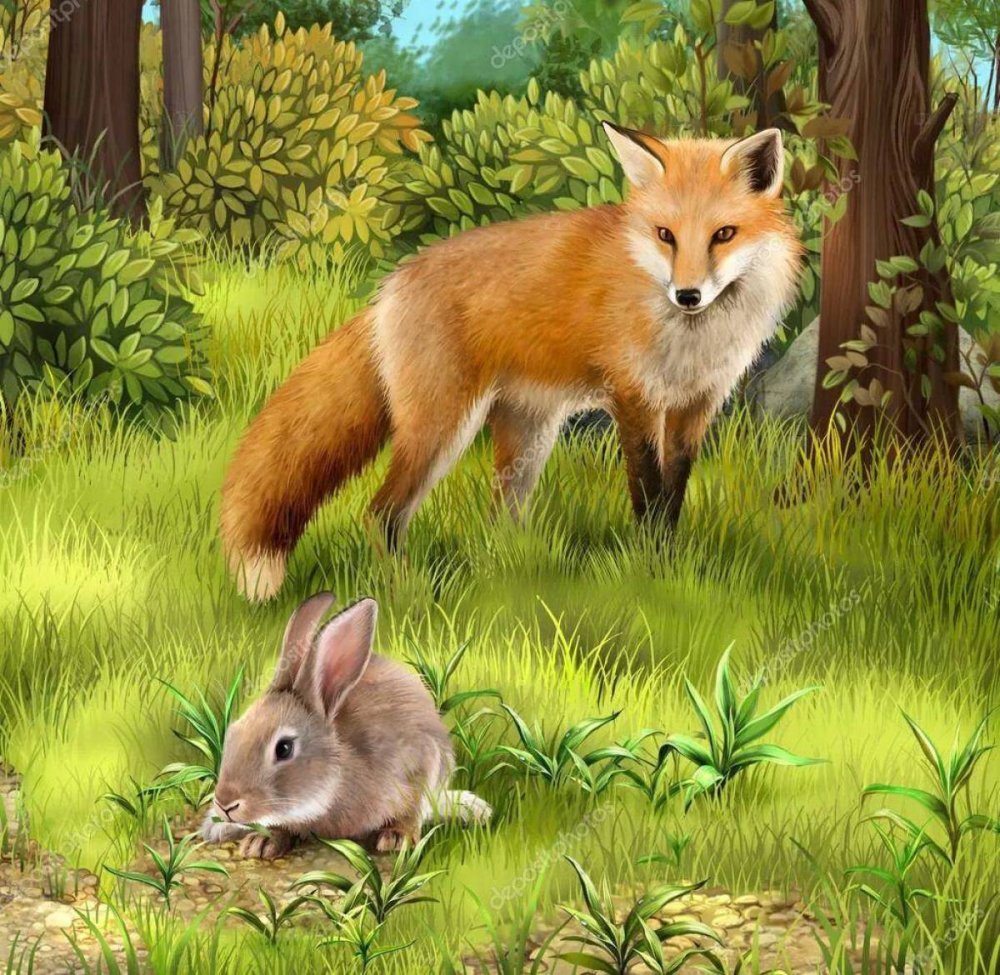 Лиса и заяц в лесу