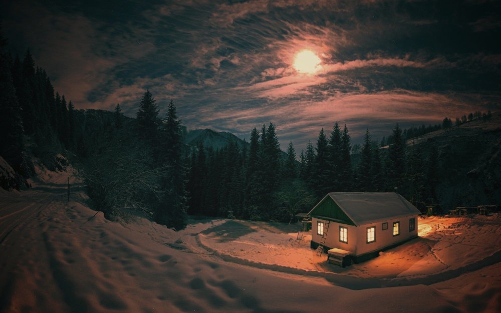 Домик в лесу зимой ночью