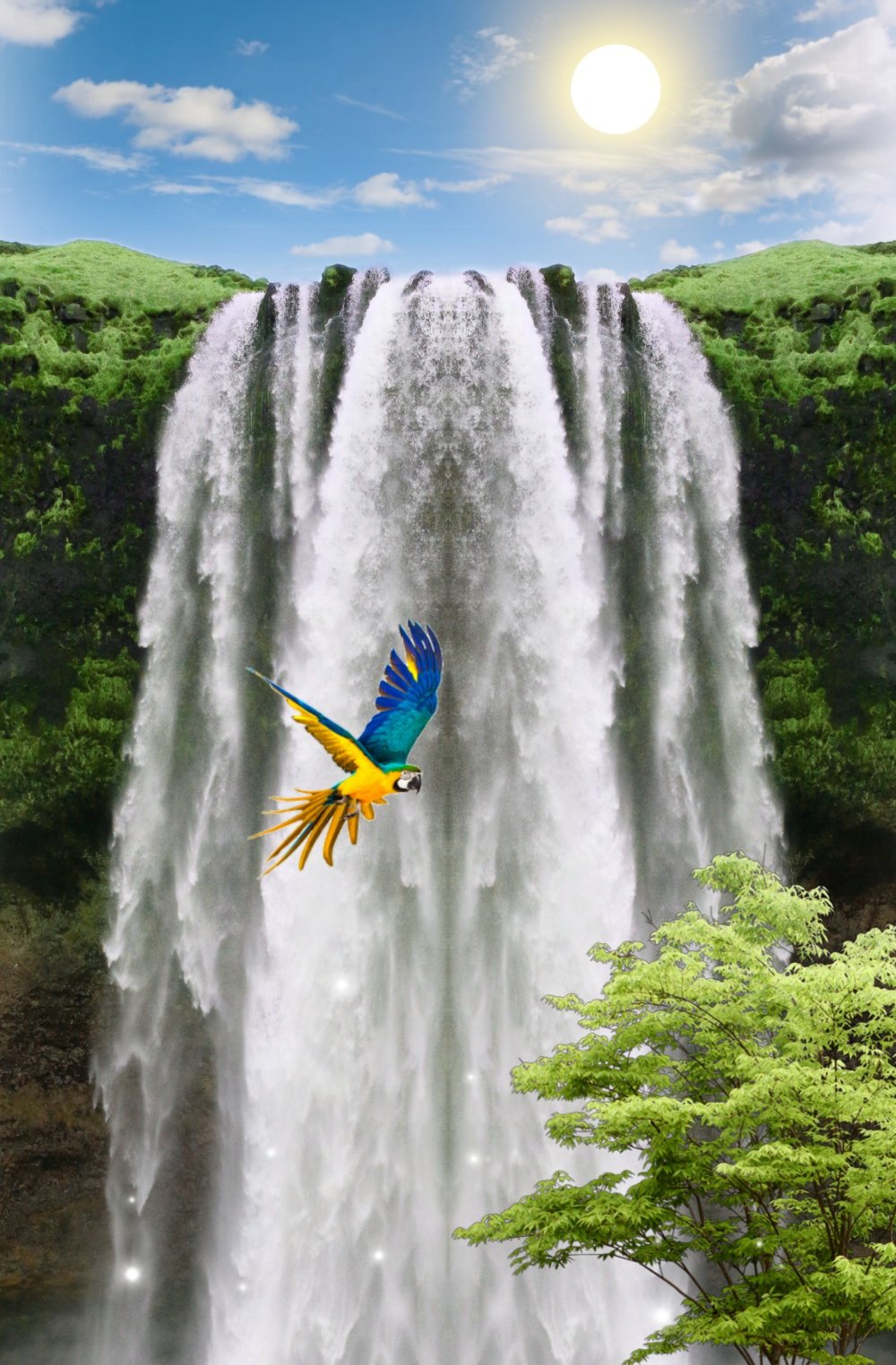 Красивый водопад и птицы