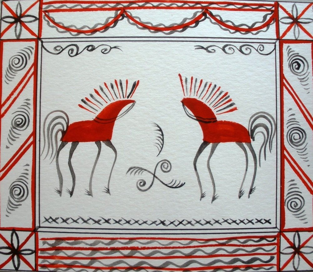 Мезенская роспись лошадь и олень