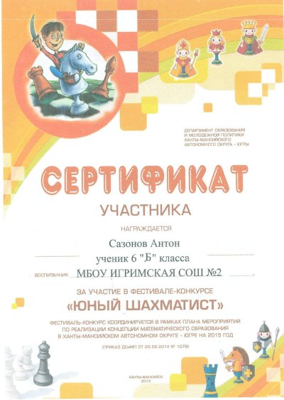 Сертификат участника шахматного турнира