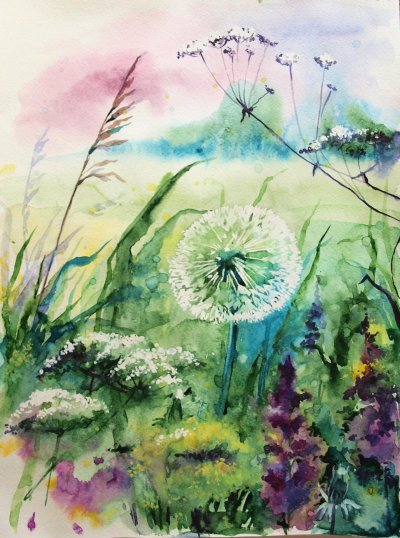 Летний пейзаж акварелью