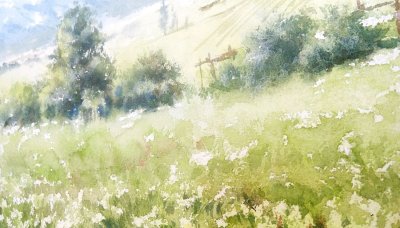 Летний пейзаж акварелью