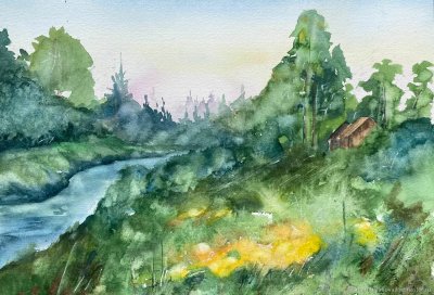 Акварель лето в деревне