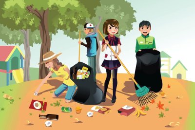 Дети на уборке территории