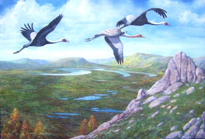 Журавль в полете живопись