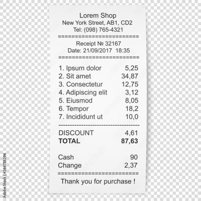 Кассовый чек на прозрачном фоне