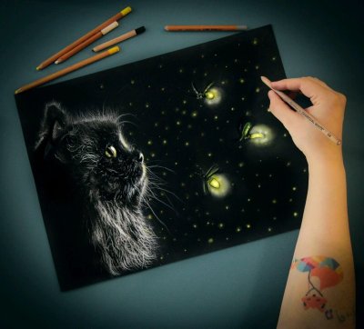 Рисунки пастелью на черной бумаге