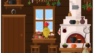 Иллюстрации деревенская кухня с печкой