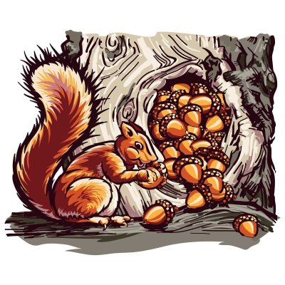 Белка прячет орехи в дупло