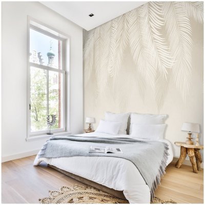 Обои с пальмами в интерьере спальни